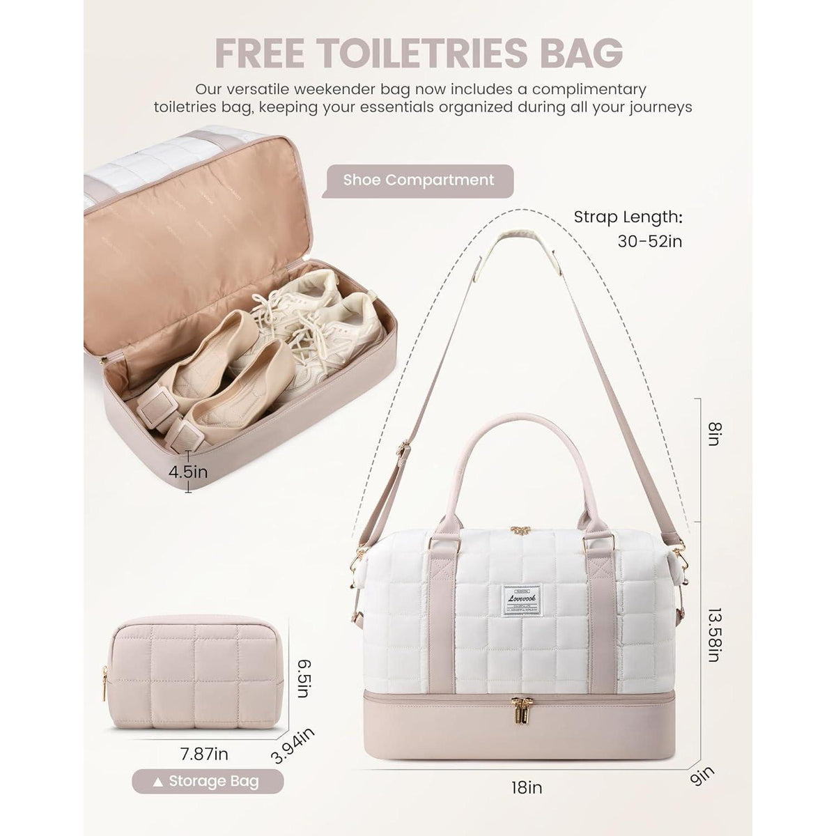 Reisetasche Damen mit Schuhfach & Nassfach, Beige+hellrosa
