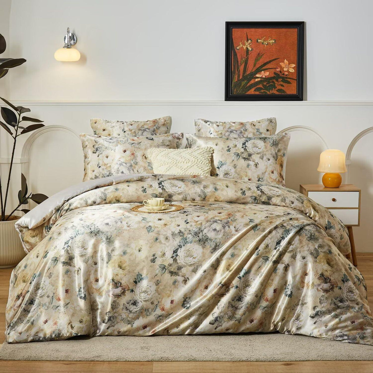 Satin Bettwäsche Set 135x200 cm - Blumenmuster Vintage Stil