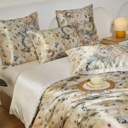 Satin Bettwäsche Set 135x200 cm - Blumenmuster Vintage Stil