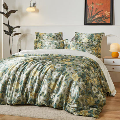 Satin Bettwäsche Set 135x200 cm, 4-teilig, Blumenmuster Grün