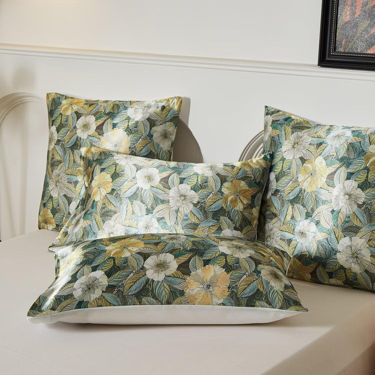 Satin Bettwäsche Set 135x200 cm, 4-teilig, Blumenmuster Grün