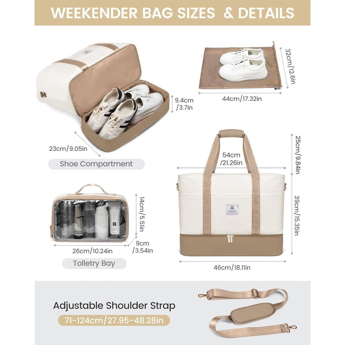 Reisetasche Damen mit Schuhfach und Kulturbeutel, Beige+Khaki