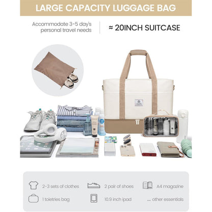 Reisetasche Damen mit Schuhfach und Kulturbeutel, Beige+Khaki