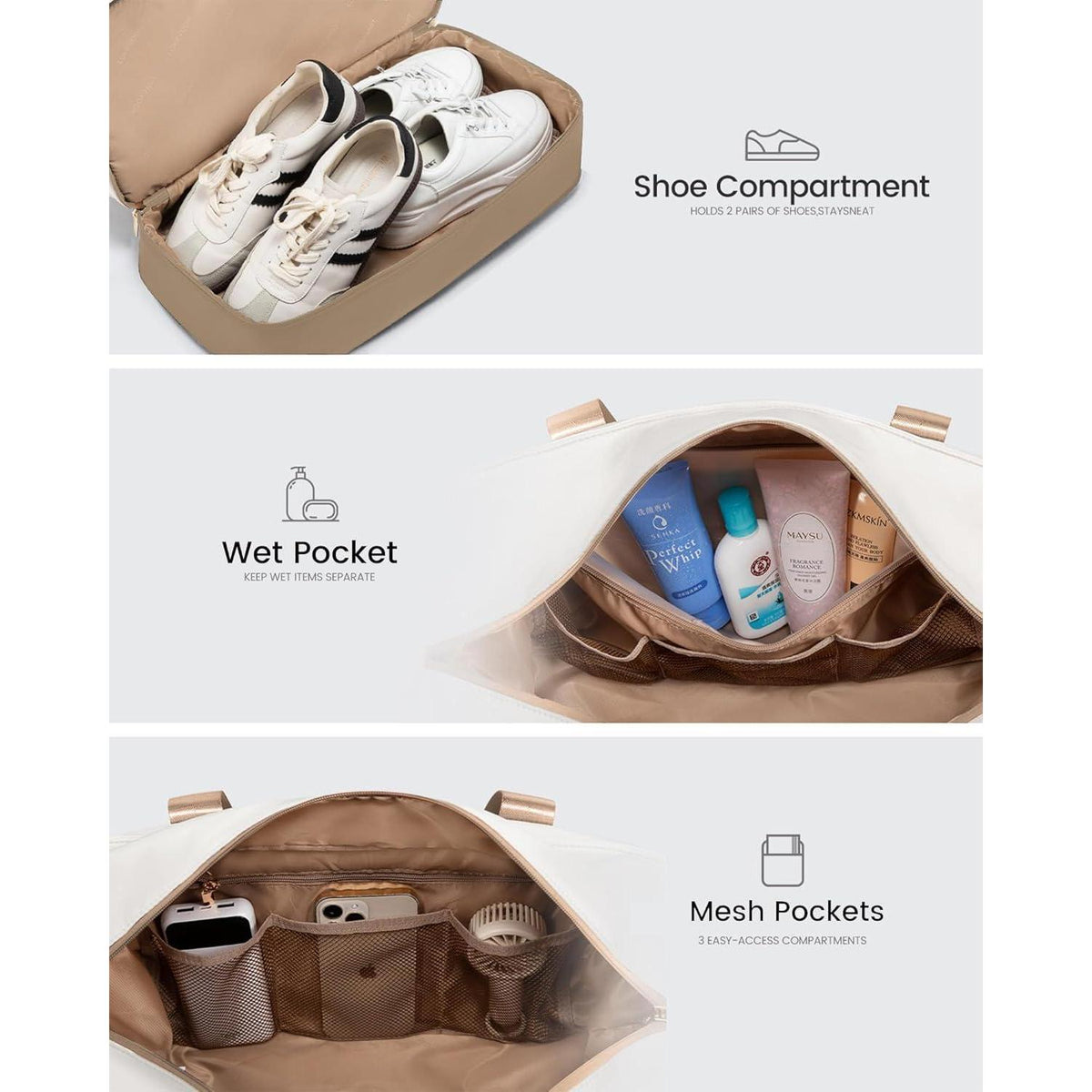 Reisetasche Damen mit Schuhfach und Kulturbeutel, Beige+Khaki