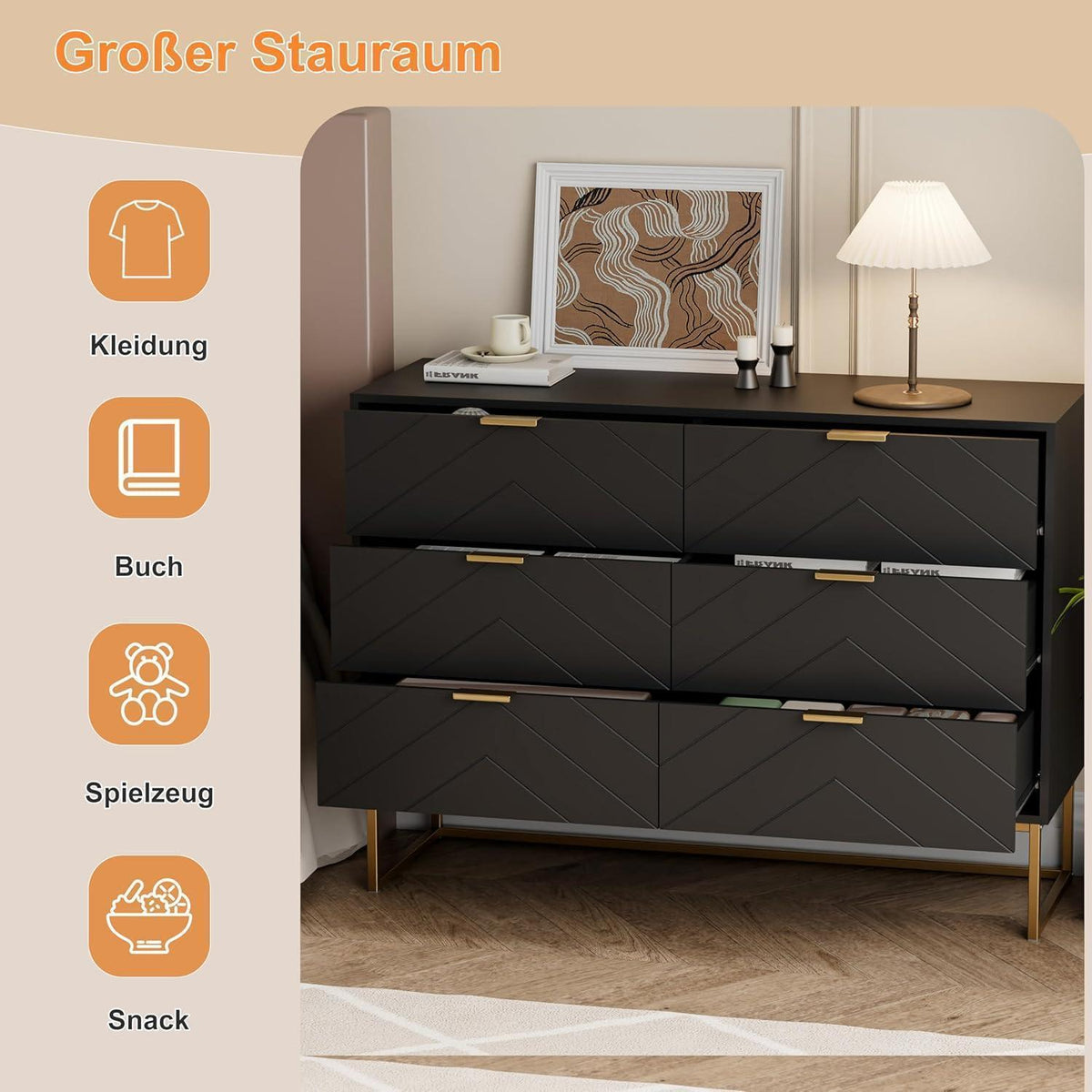 Schubladenschrank 6 Schubladen Schwarz – V-Linie Serie