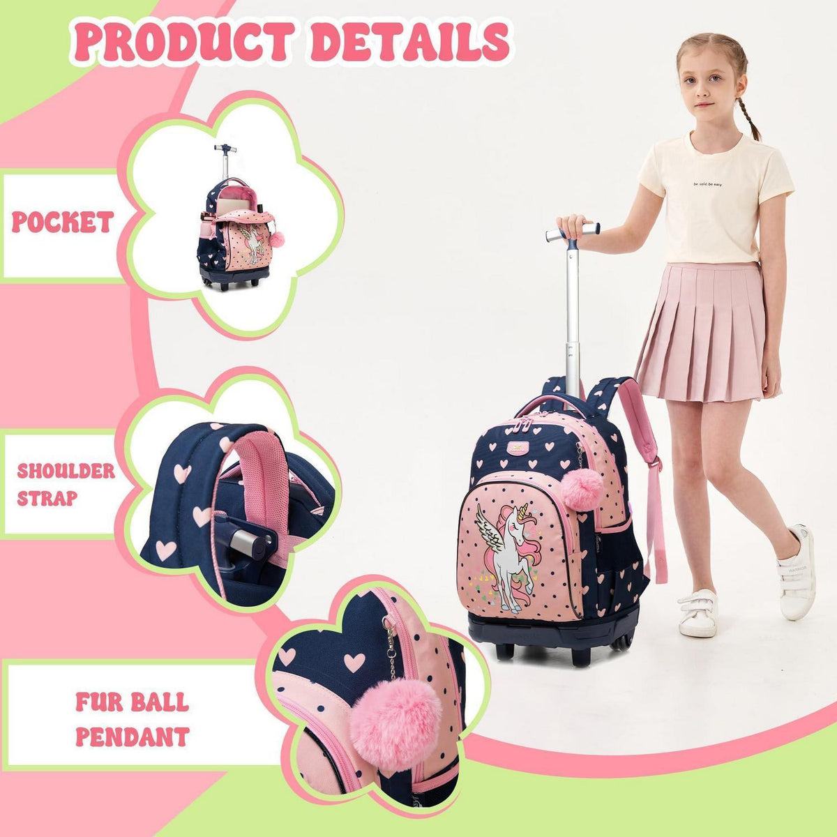 Kinder Trolley Rucksack mit Rollen – Einhorn Design 3-teilig