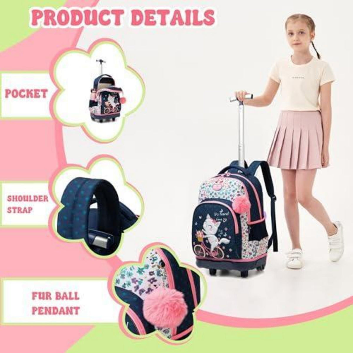Kinder Trolley Rucksack mit Rollen – Schulranzen Set für Mädchen