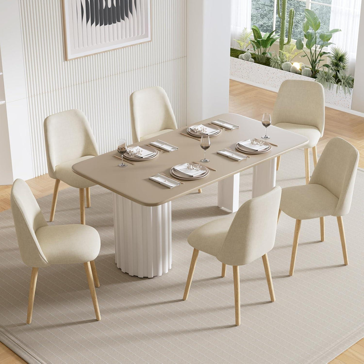 Esszimmerstühle 2er Set Creme mit Holzbeinen & Polster