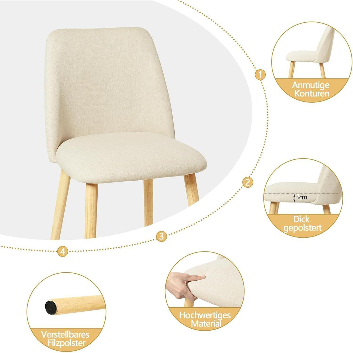 Esszimmerstühle 6er Set, Polsterstuhl Creme mit Holzbeinen