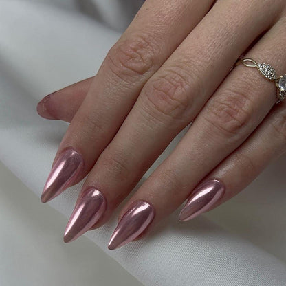 Rosa Chrome Press On Nails - Mandel Form, Spiegel Effekt