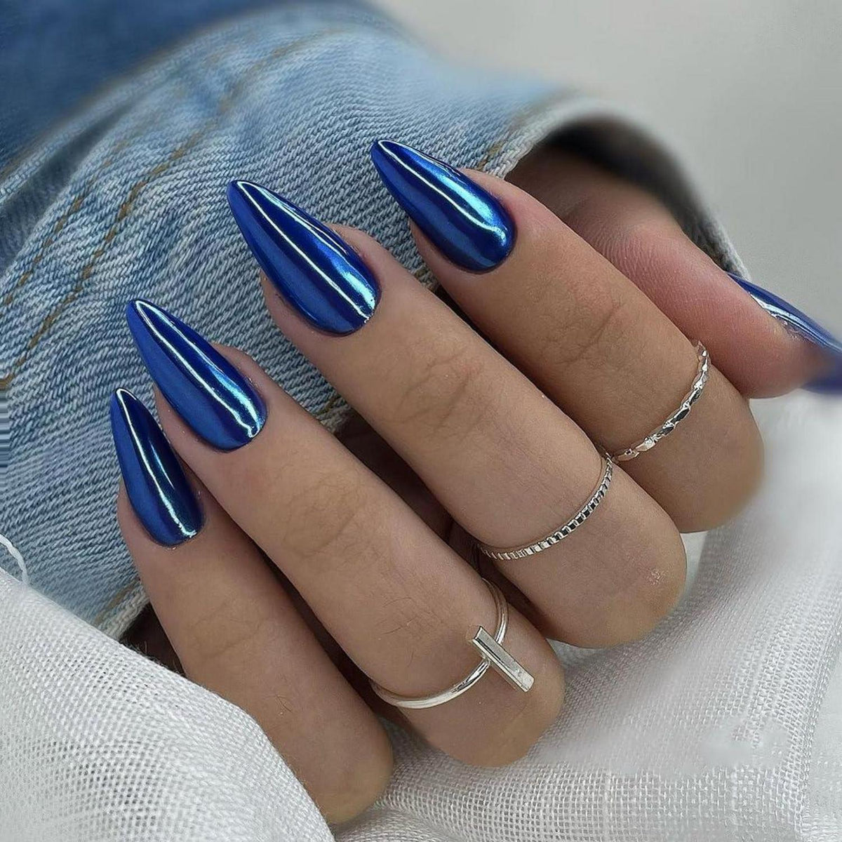 Chrome Press On Nails - Königsblau Mandel | Künstliche Nägel zum Aufkleben