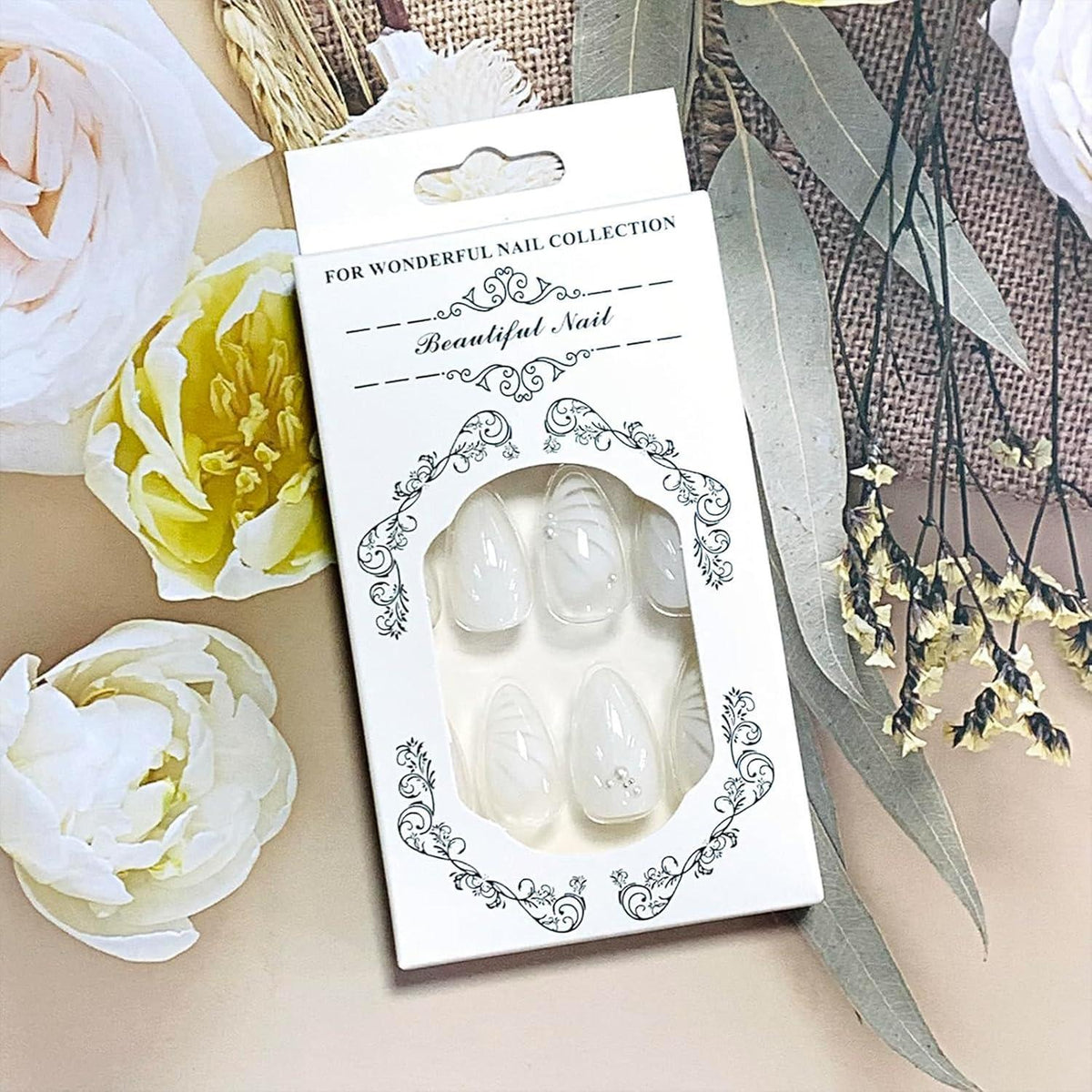24 Stück Mandelförmige Press on Nails Mittellang Glanz French Falsche