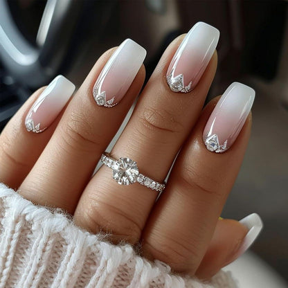 24er Set Falsche Nägel mit Farbverlauf & Diamanten – French Design