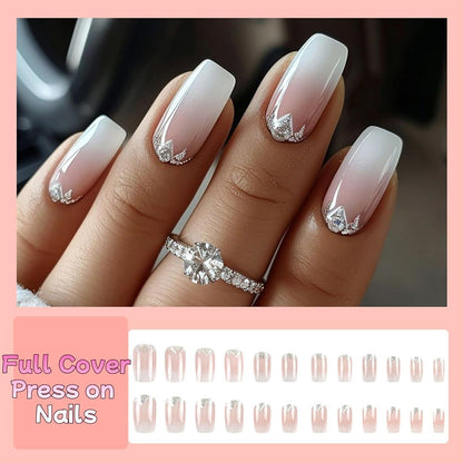 24er Set Falsche Nägel mit Farbverlauf & Diamanten – French Design