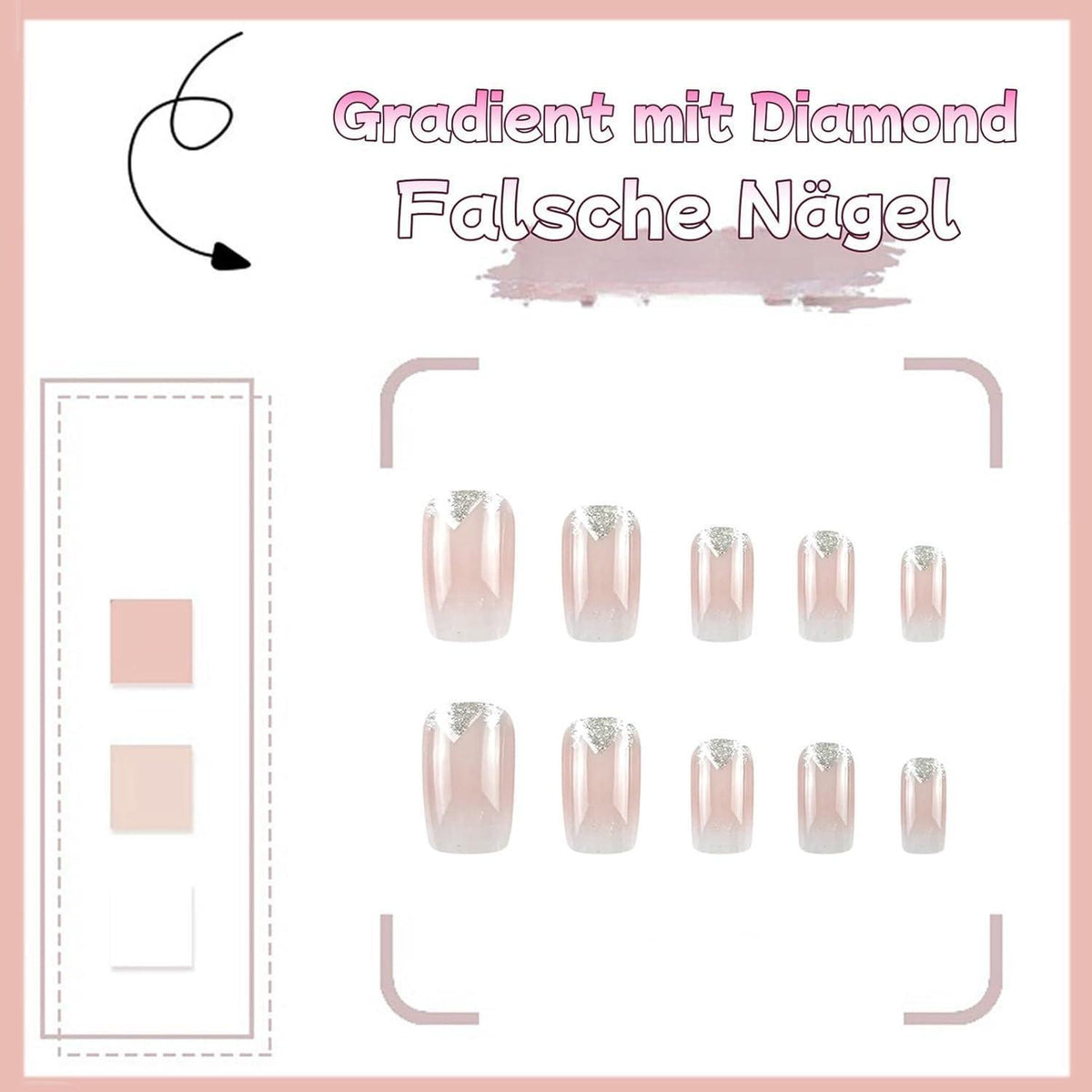 24er Set Falsche Nägel mit Farbverlauf & Diamanten – French Design
