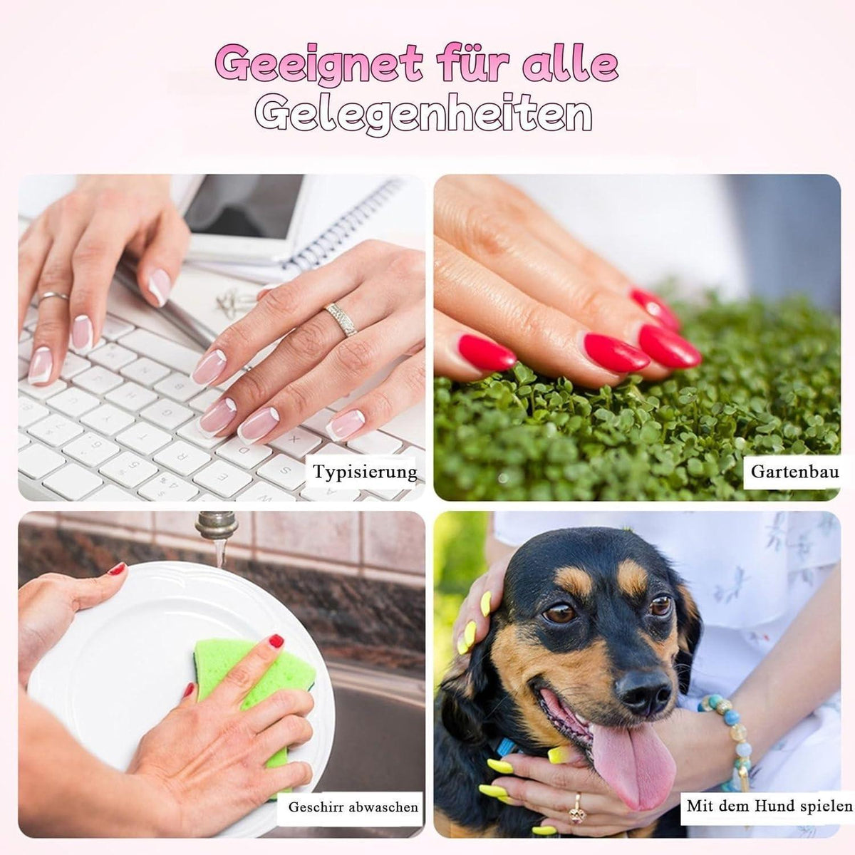24er Set Falsche Nägel mit Farbverlauf & Diamanten – French Design