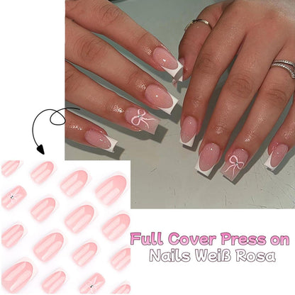 24er Set French Bow Aufklebe Nägel – Weiß Rosa Maniküre DIY