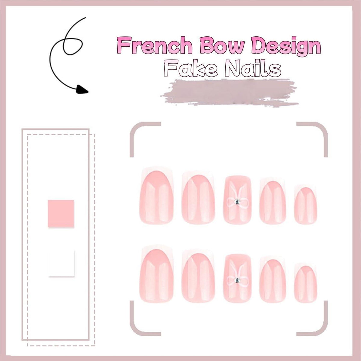 24er Set French Bow Aufklebe Nägel – Weiß Rosa Maniküre DIY