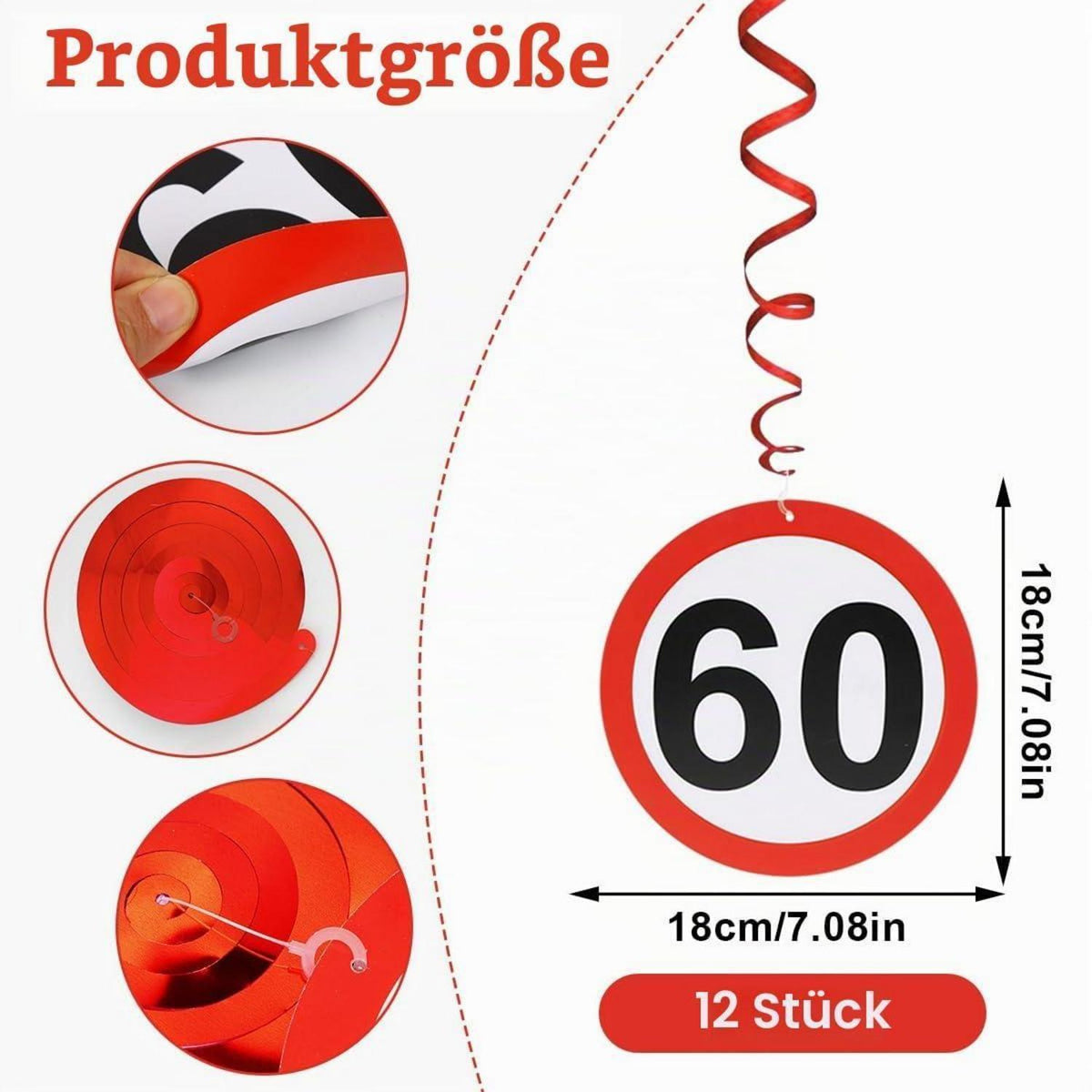 Girlande 60. Geburtstag Deko – 12x Verkehrsschild Spiralen