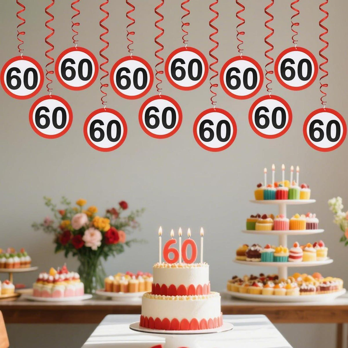 Girlande 60. Geburtstag Deko – 12x Verkehrsschild Spiralen