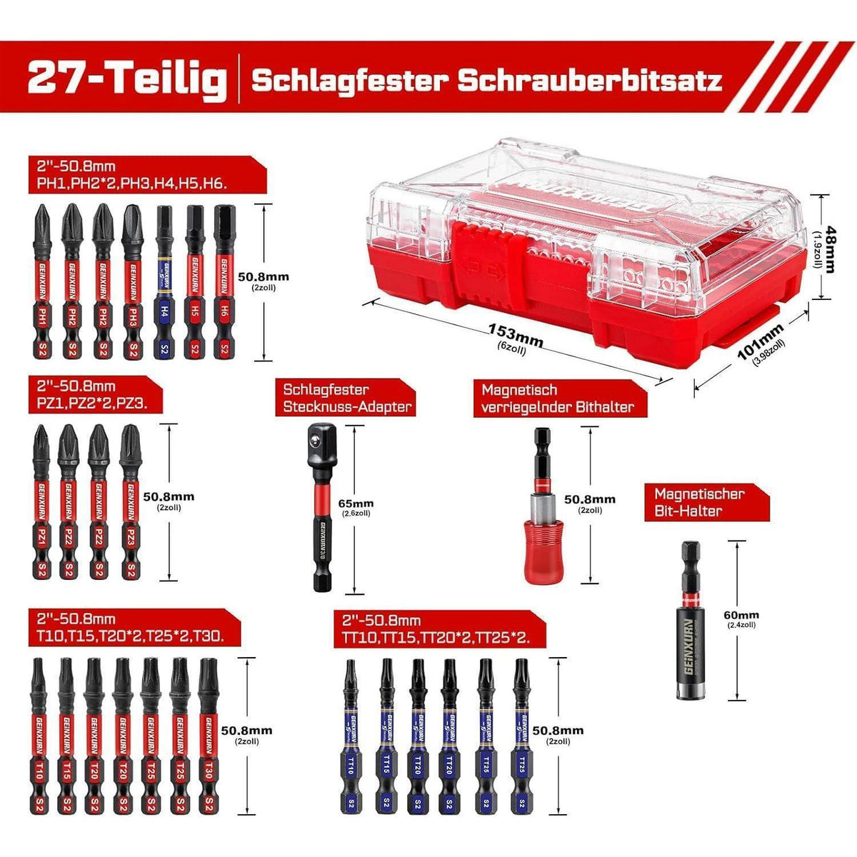27-teiliger Schlagfester Schrauberbitsatz S2 Stahl mit Halter