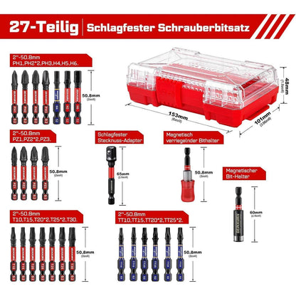 27-teiliger Schlagfester Schrauberbitsatz S2 Stahl mit Halter