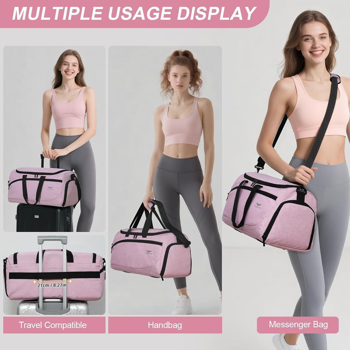 Sport- und Reisetasche 50L mit Schuhfach & Nassfach, wasserdicht, rosa