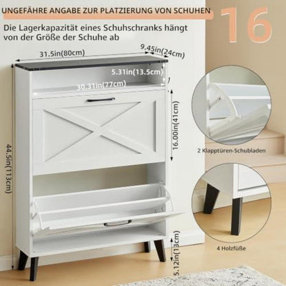 Schmaler Schuhschrank weiß mit 2 Klappen – Platz für 16 Paar