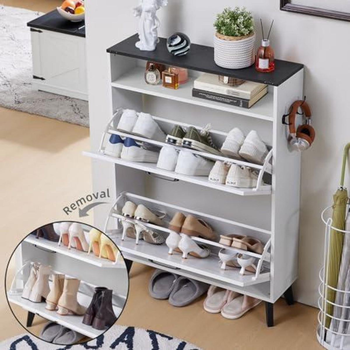 Schmaler Schuhschrank weiß mit 2 Klappen – Platz für 16 Paar