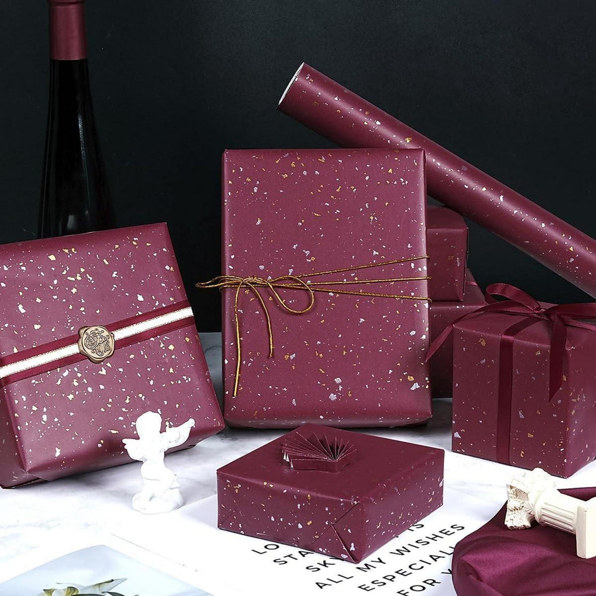 Geschenkpapier Rolle Rot Gold Metallic 43cm x 10m Matt Kraftpapier