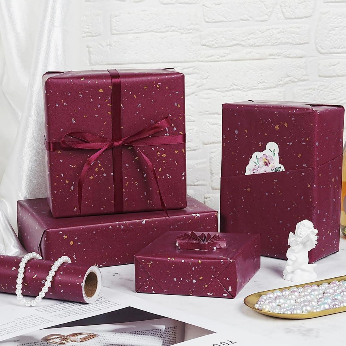 Geschenkpapier Rolle Rot Gold Metallic 43cm x 10m Matt Kraftpapier