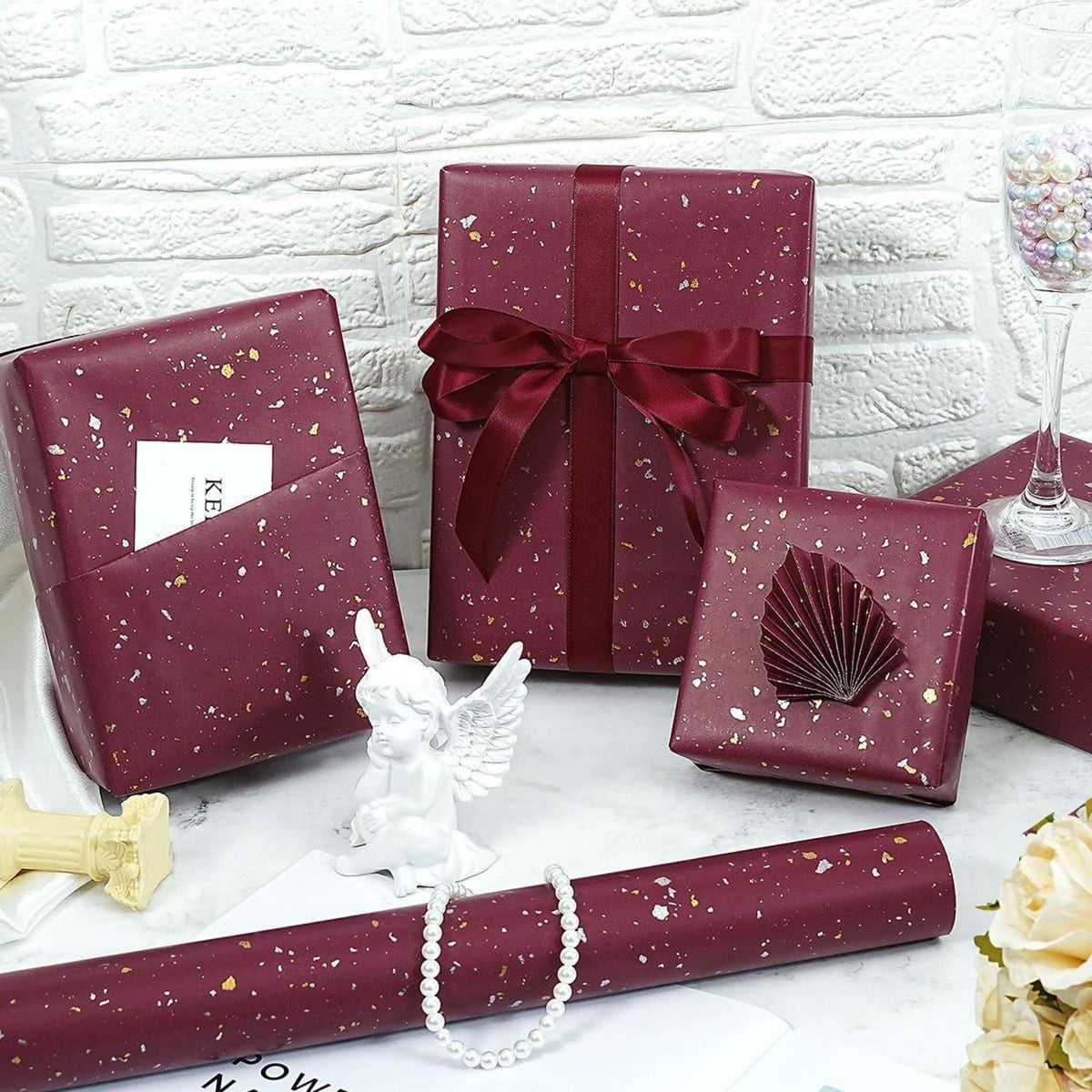 Geschenkpapier Rolle Rot Gold Metallic 43cm x 10m Matt Kraftpapier