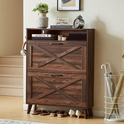 Schmaler Schuhschrank mit 2 Klappen – Braun & Platz für 16 Paar