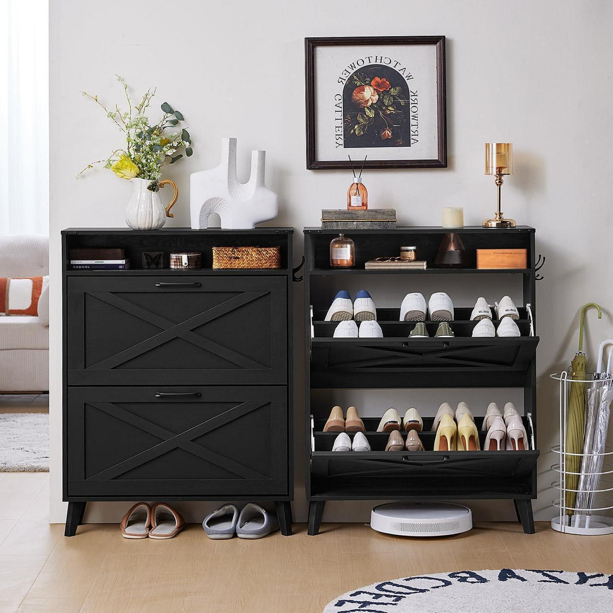 Schmaler Schuhschrank mit 2 Klappen – Schwarz & Platz für 16 Paar
