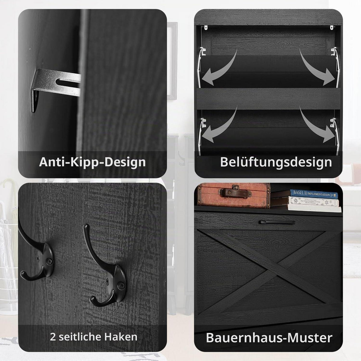 Schmaler Schuhschrank mit 2 Klappen – Schwarz & Platz für 16 Paar