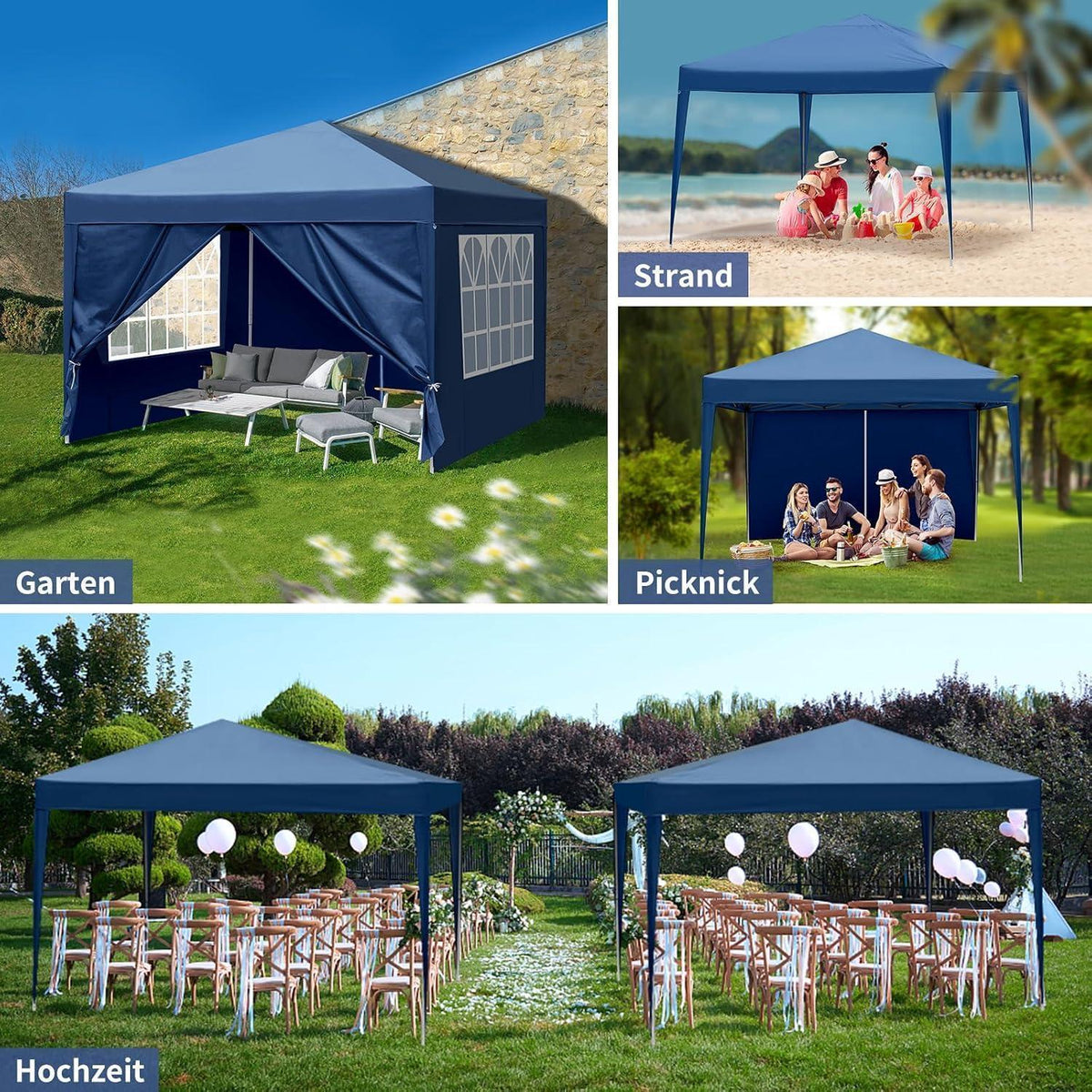 3x3m Faltpavillon Blau mit 4 Seitenteilen – Wasserdicht & Stabil