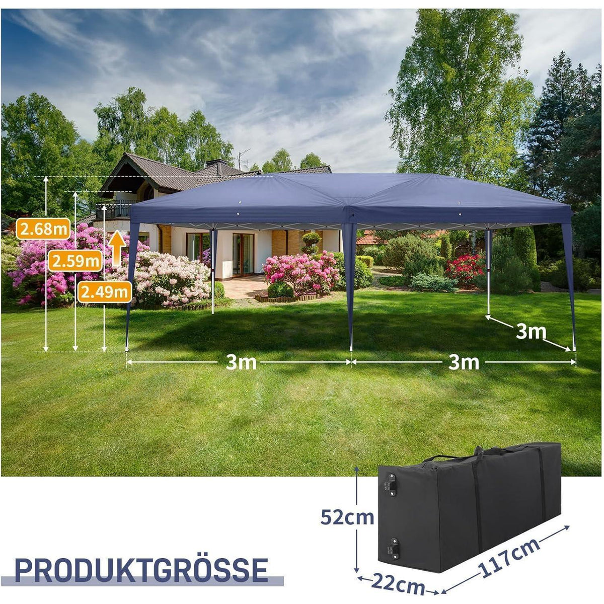 3x6m Faltpavillon Blau mit 6 Seitenteilen – Wasserdicht & Stabil