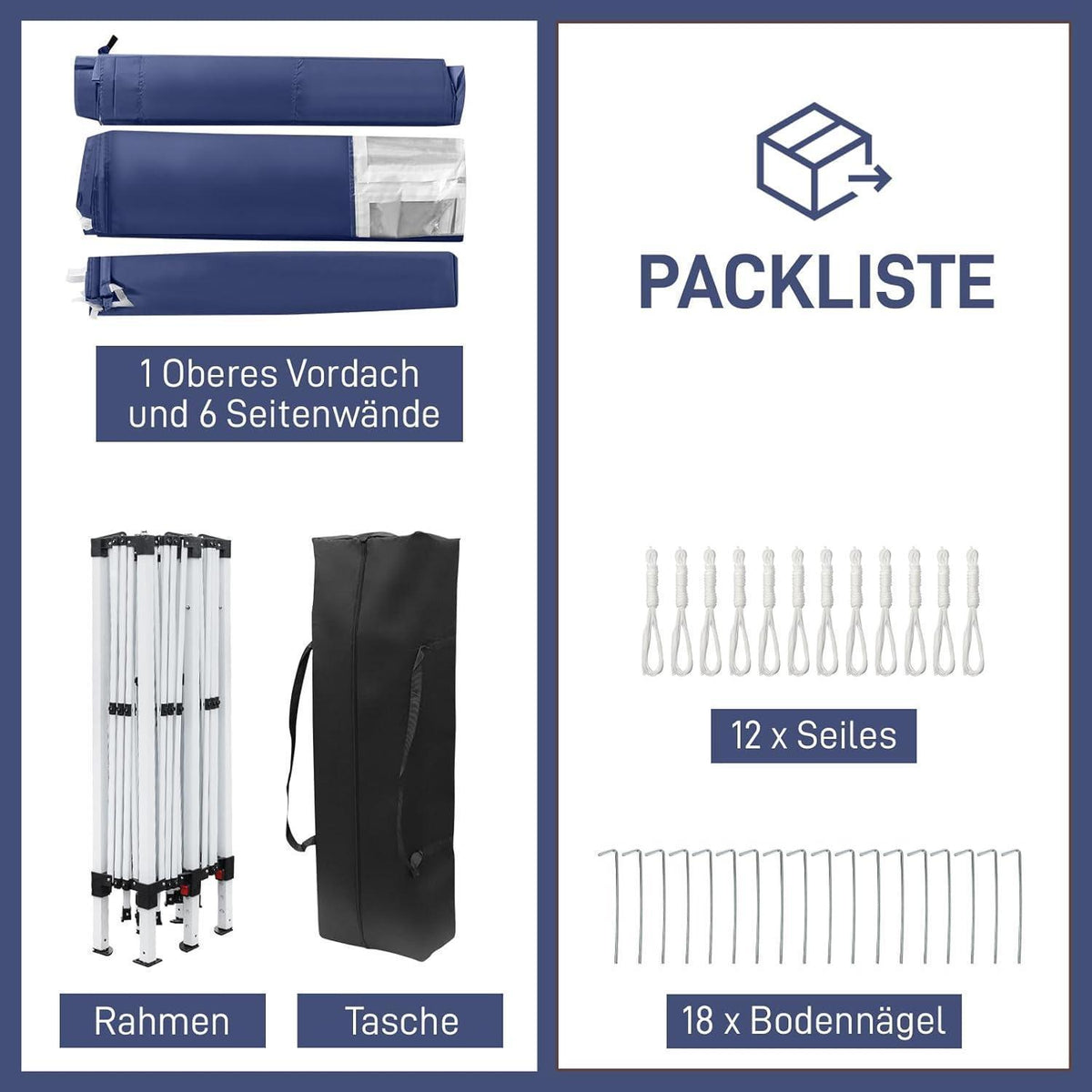 3x6m Faltpavillon Blau mit 6 Seitenteilen – Wasserdicht & Stabil