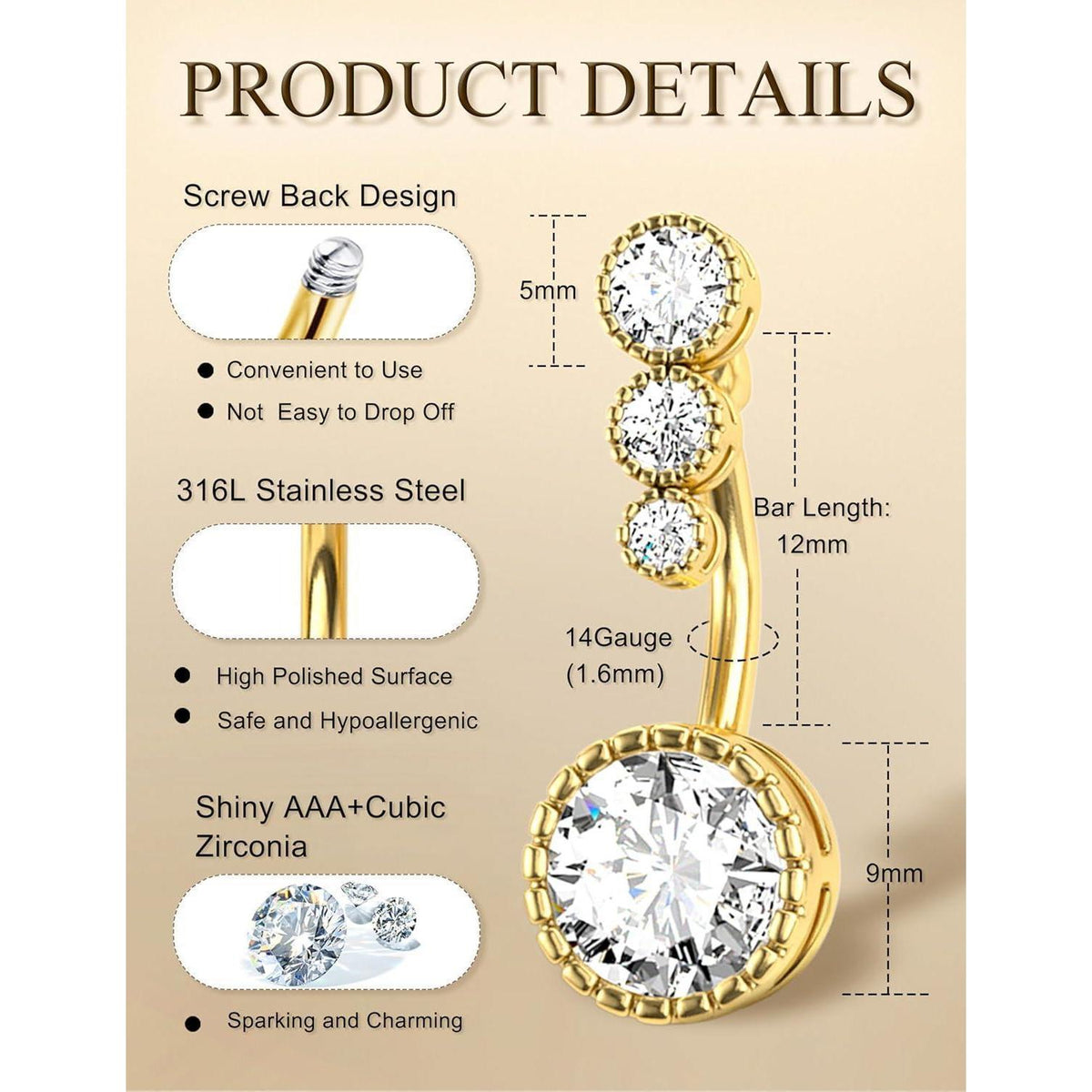 Bauchnabelpiercing Gold Chirurgenstahl Hypoallergen 14G Zirkonia Opal
