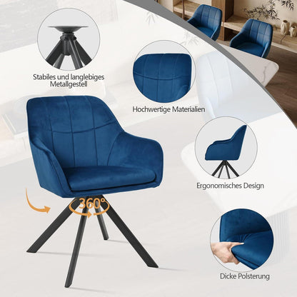 Drehbarer Esszimmerstuhl Set Dunkelblau – Samt & Metall