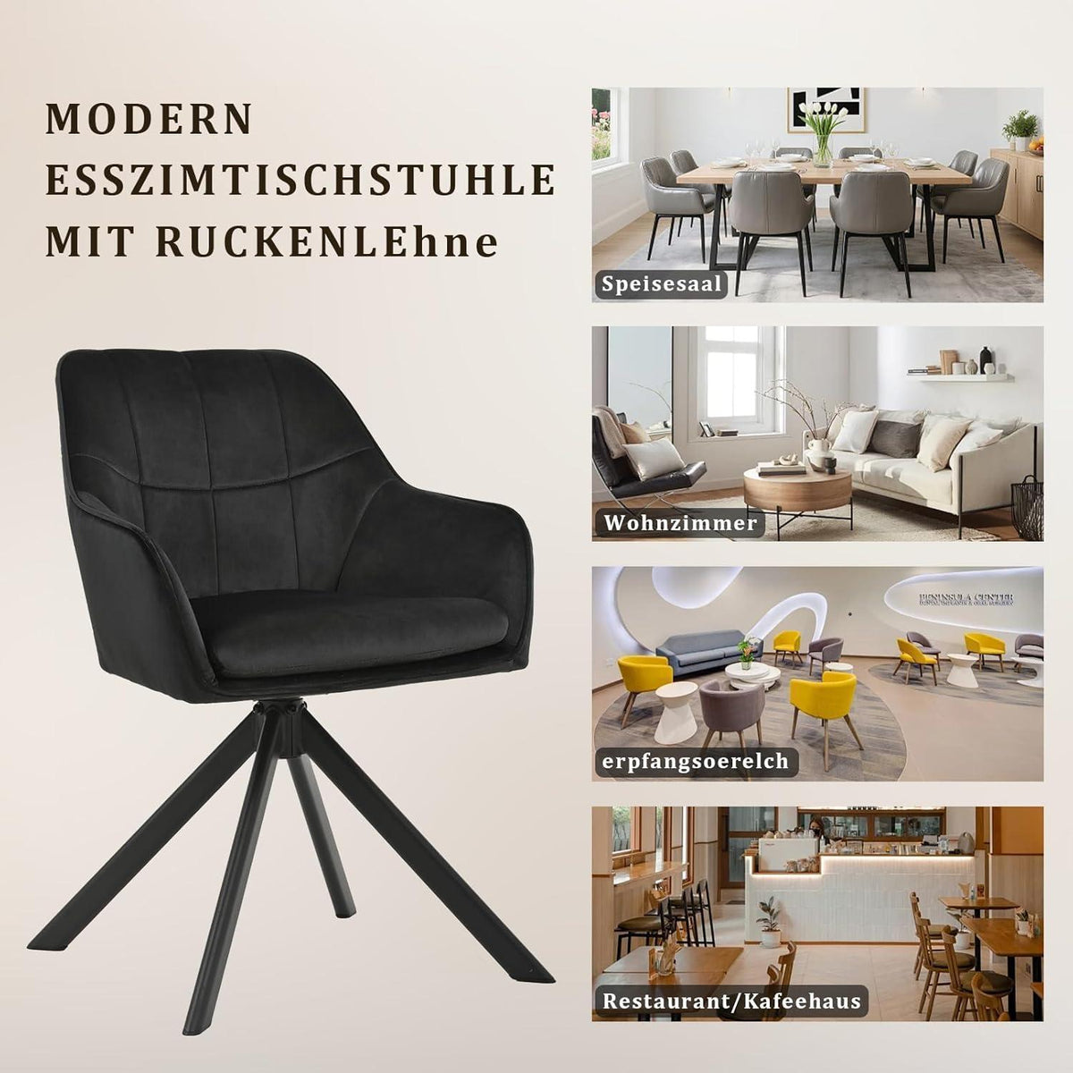 Drehbarer Esszimmerstuhl Set 2 Schwarz – Samt & Metall