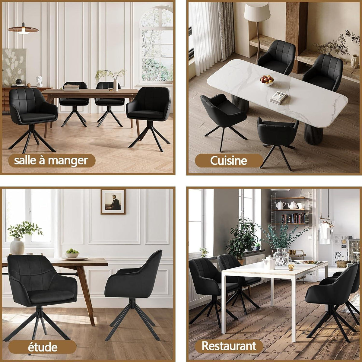Drehbarer Esszimmerstuhl Set 2 Schwarz – Samt & Metall