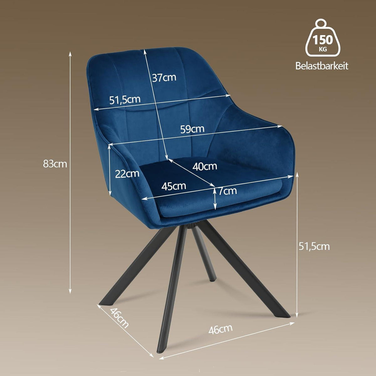 Drehbarer Esszimmerstuhl Set Dunkelblau mit Samt & Metallbeinen