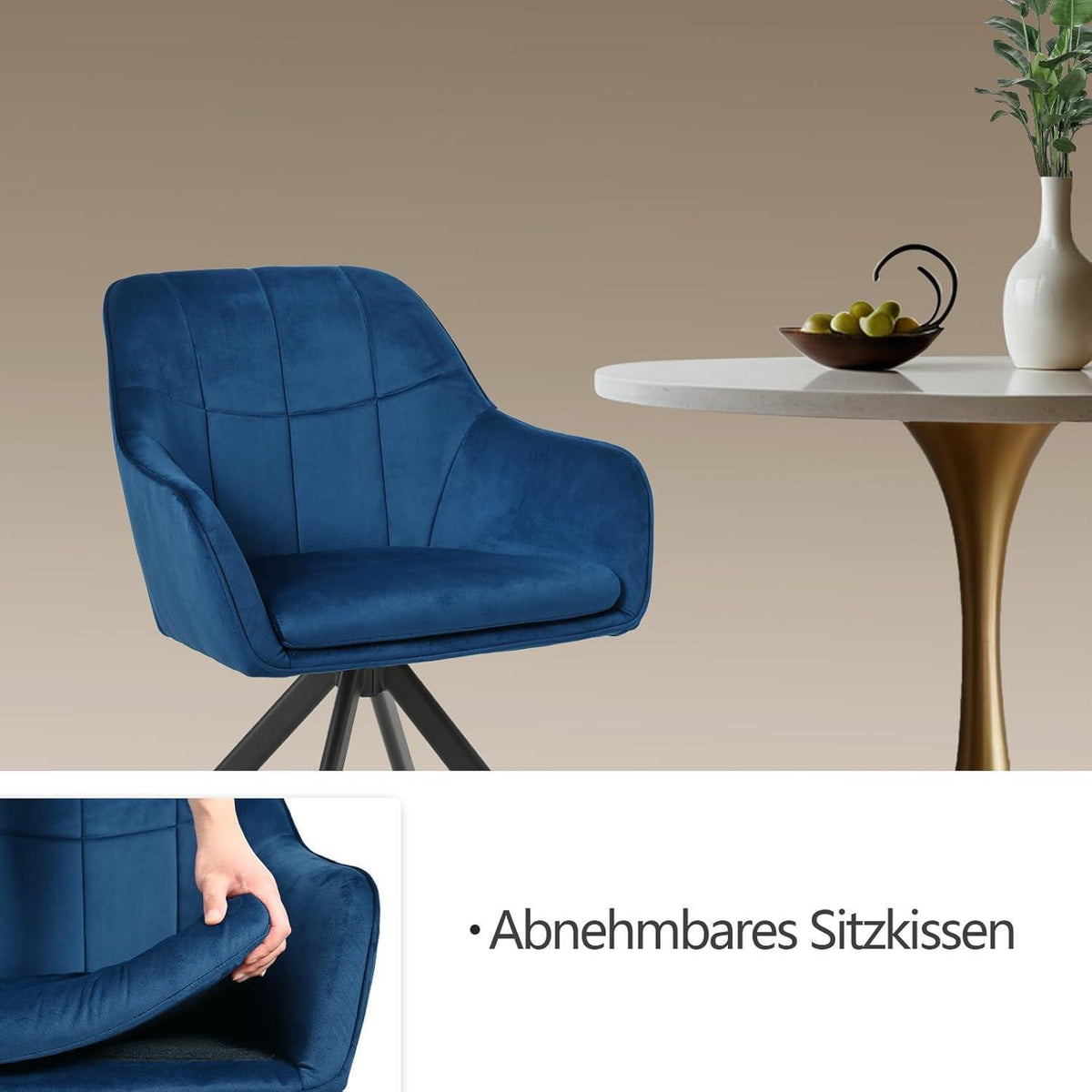 Drehbarer Esszimmerstuhl Set Dunkelblau mit Samt & Metallbeinen