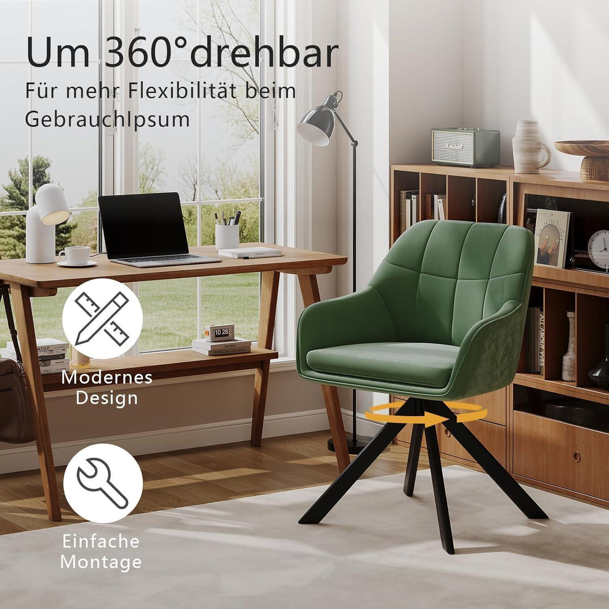 Drehstuhl Esszimmer 6er Set Samt Grün mit Armlehne