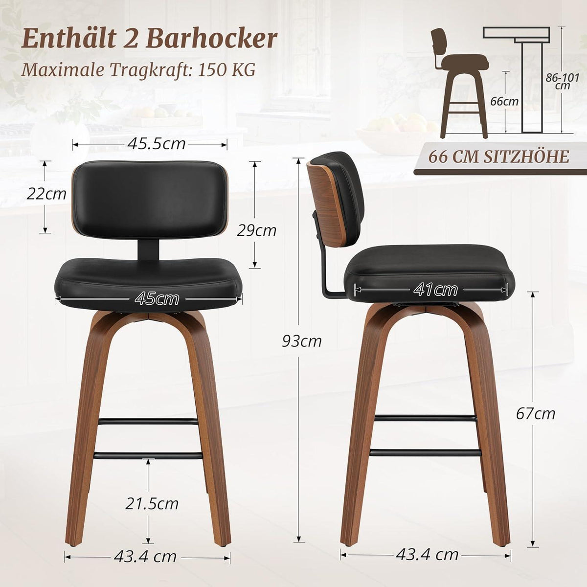Drehbarer Barhocker 2er Set mit Lehne – Schwarz