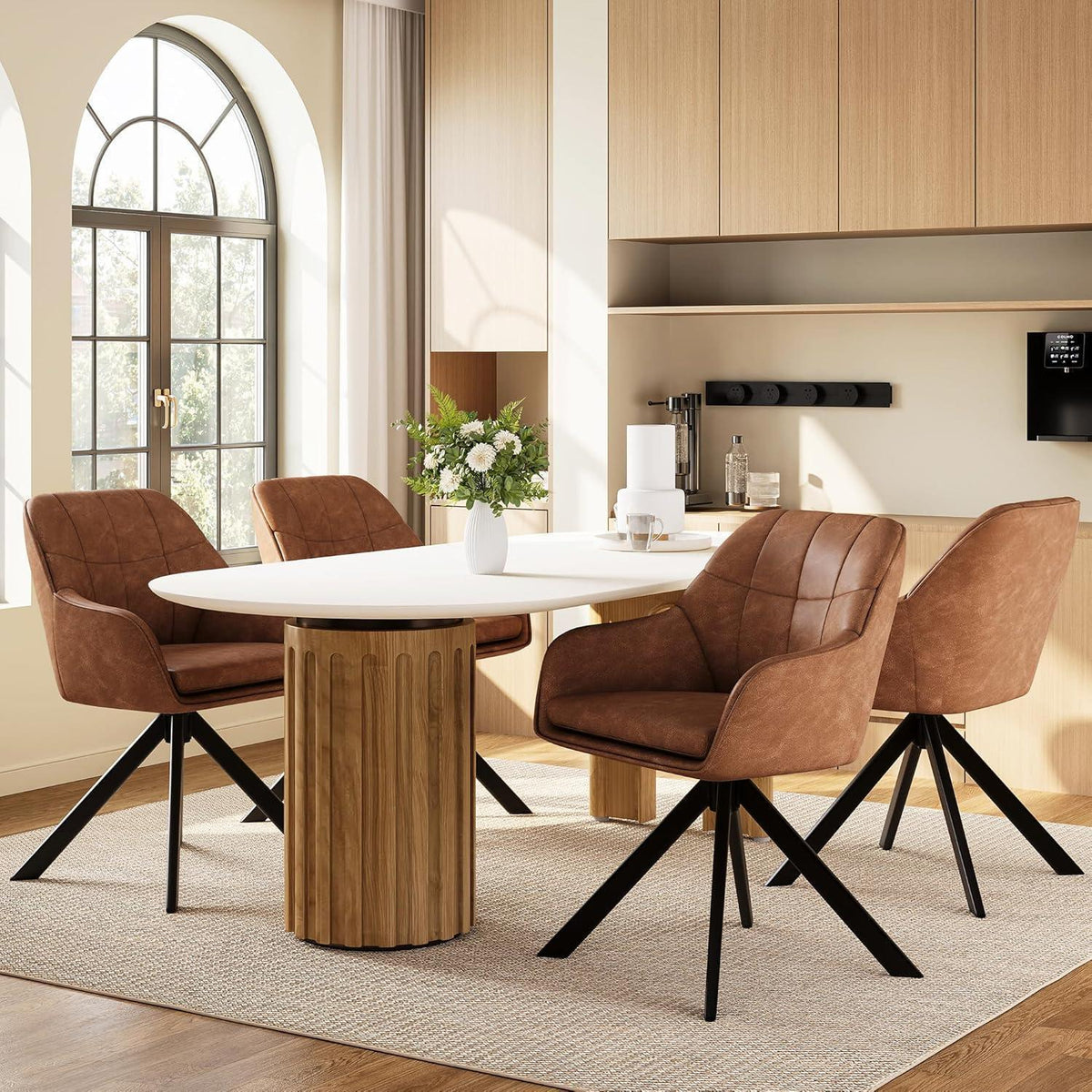 Drehbarer Esszimmerstuhl Braun 6er Set mit Armlehnen in Lederoptik