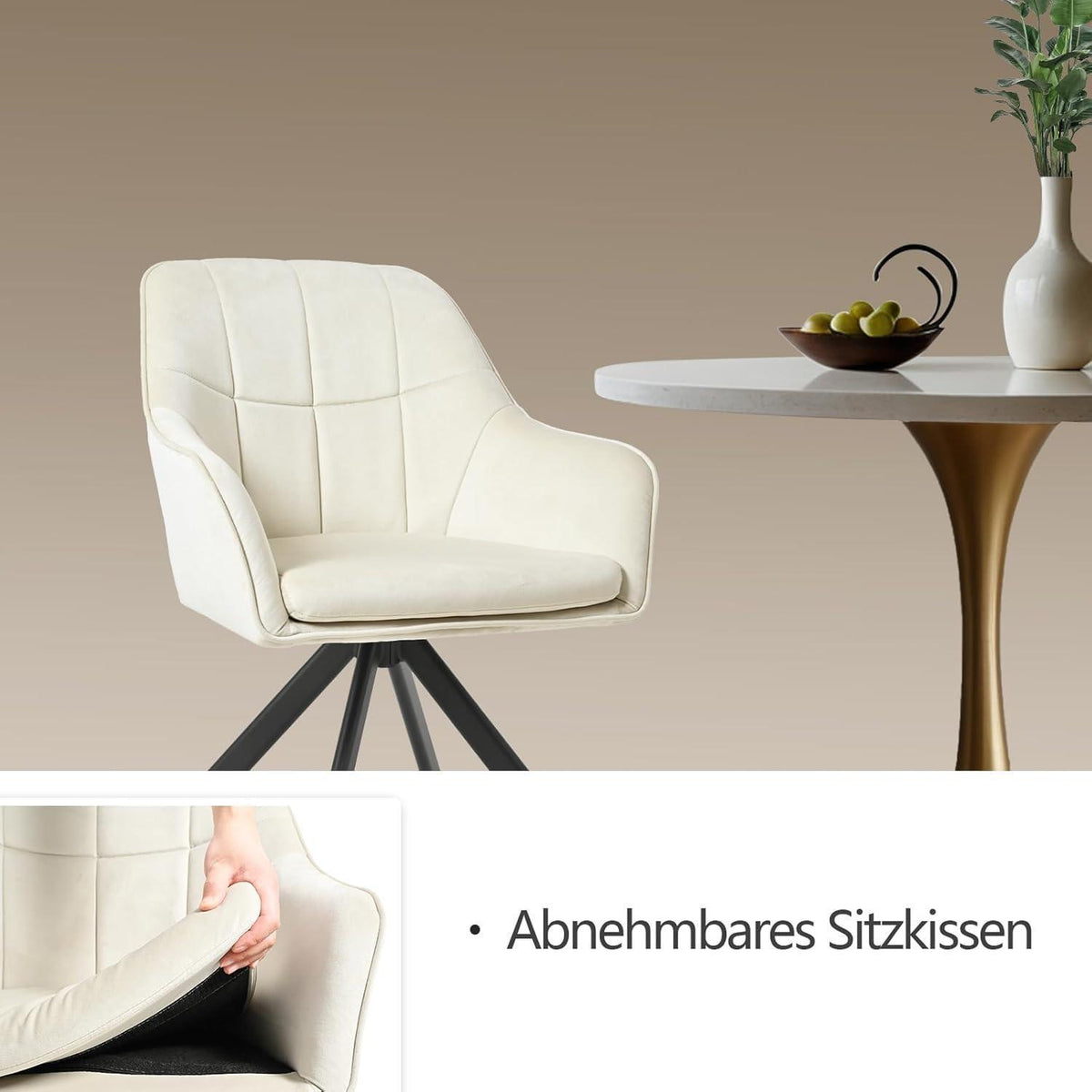 Drehbarer Esszimmerstuhl Set Creme – 4er Polsterstuhl mit Armlehne