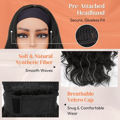 66cm Schwarze Gewellte Stirnband Perücke – Wear & Go Perücke
