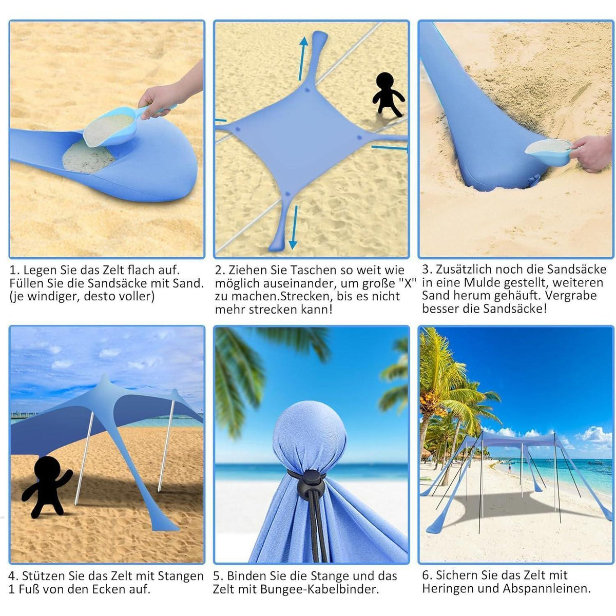 Strandzelt UV Schutz 3x3m Blau für 5-8 Personen